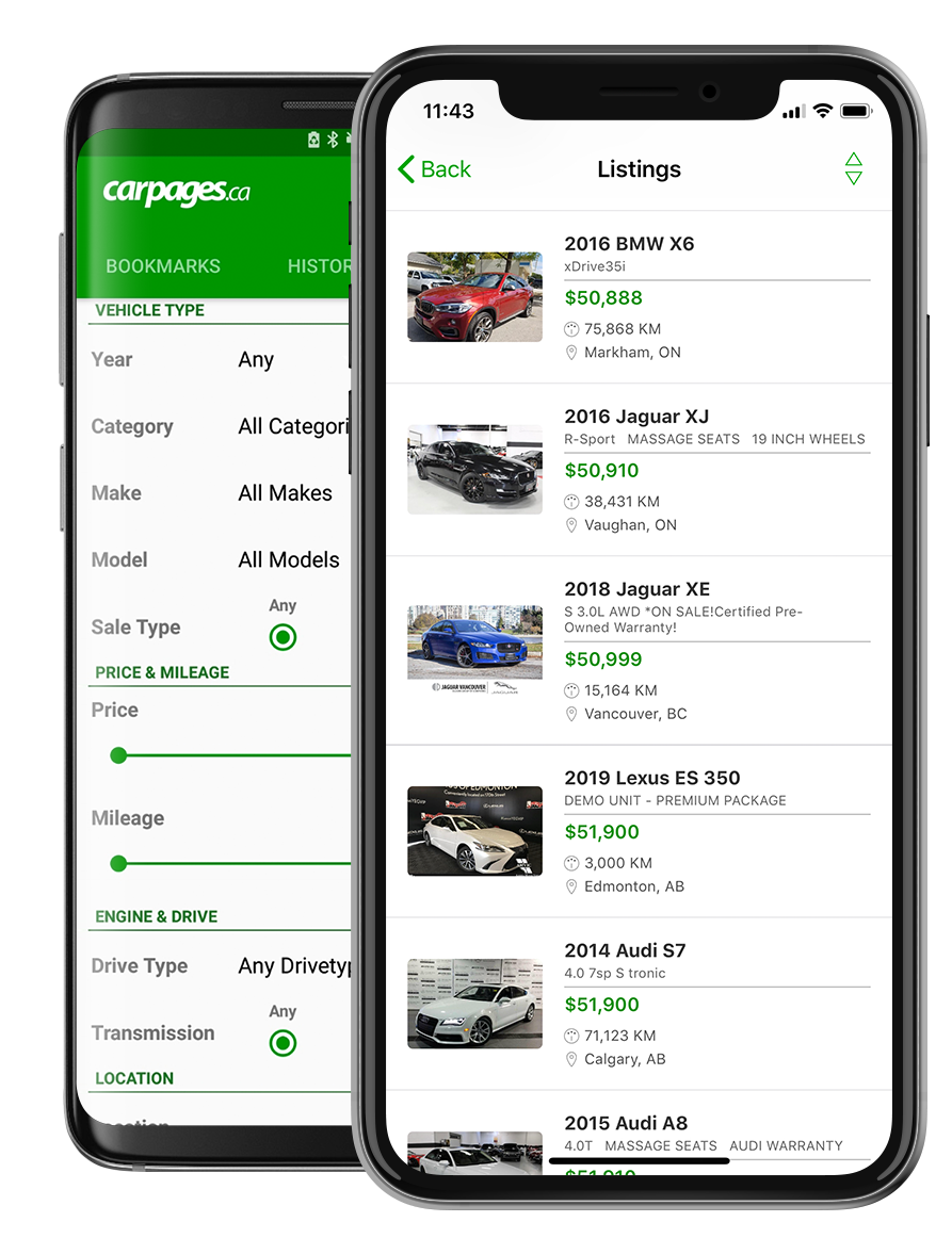 Image of Carpages.ca app on iOS and Android devices.